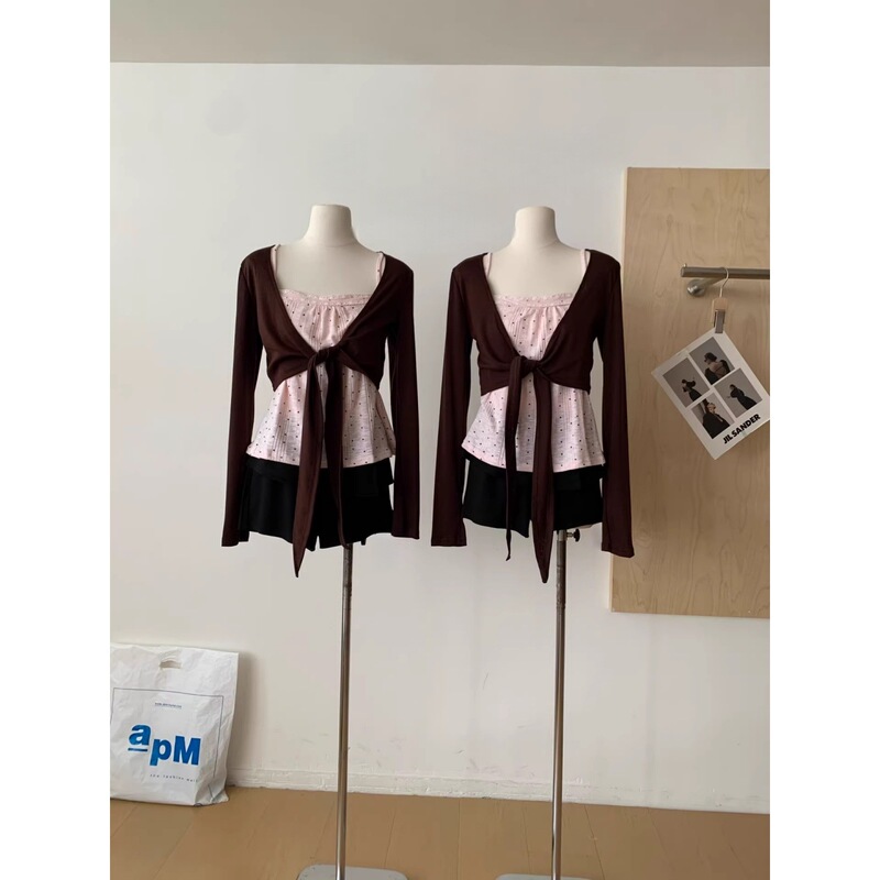Xinwang [Official Image Guangzhou Original Fabric + Cashmere] Coffee-Colored Cardigan Polka Dot Vest Casual Versatile Two-Piece Set