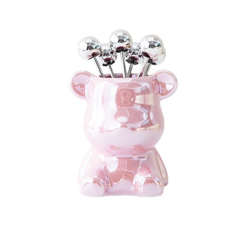 フルーツフォークステンレス鋼セット家庭用食器クリエイティブかわいいセラミッククマ保存瓶フルーツピックフルーツインサート|undefined