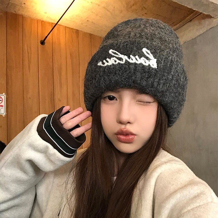 秋冬帽子女款美式百搭字母堆堆帽大头围保暖包头帽户外休闲毛线帽|undefined