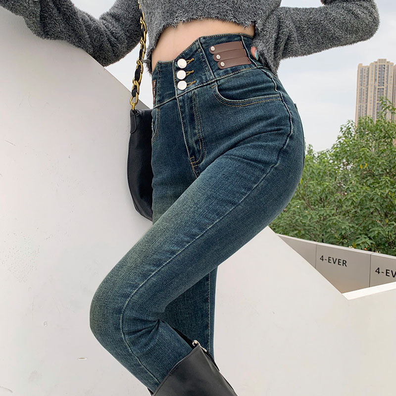 Super High Waist fleece-lined Skinny Jeans Women's Autumn and Winter 2023 Design Sense Stretch Tight Slim Pencil Pants for Children