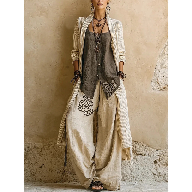 2026 New European and American Style Loose Robe Set for Women, Casual Wide-Leg Pants Three-Piece Set, Cross-Border Foreign Trade Fashion 2026 New European and American Style Loose Robe Set for Women, Casual Wide-Leg Pants Three-Piece Set, Cross-Border Foreign Trade Fashion
