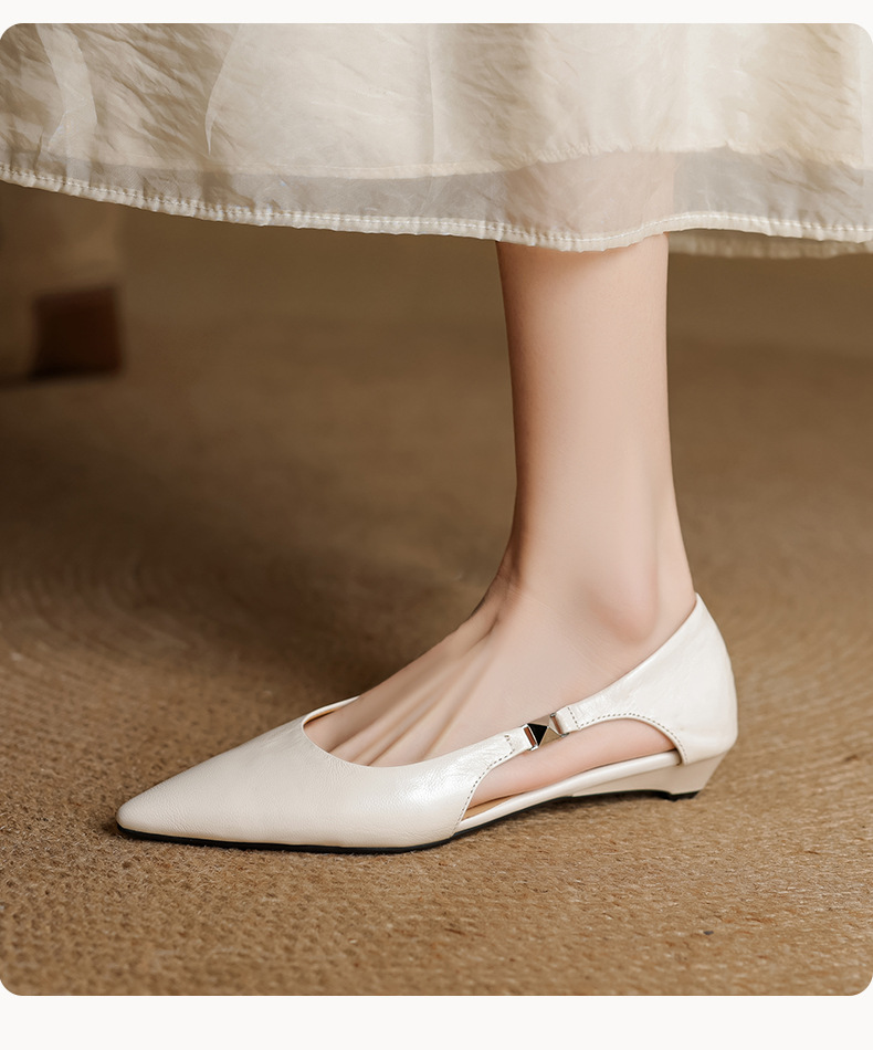 Sandal nữ da cừu mũi nhọn gót thấp hở mũi kiểu Hàn Quốc — đen chi tiết 13