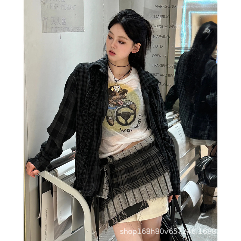 2025SS早秋新款YY双面格流苏拼接长袖格纹衬衫女宽松复古褶皱上衣|undefined