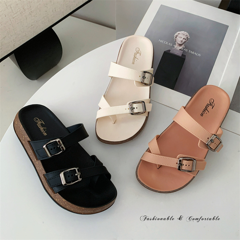 Heli Shark Casual Buckle Slippers for Women Summer New Thick-Soled Slip-On Flip-Flops for Women to Wear Outside Beach Shoes