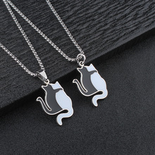 欧美跨境男士项链个性创意黑白背影猫情侣吊坠不锈钢时尚饰品批发