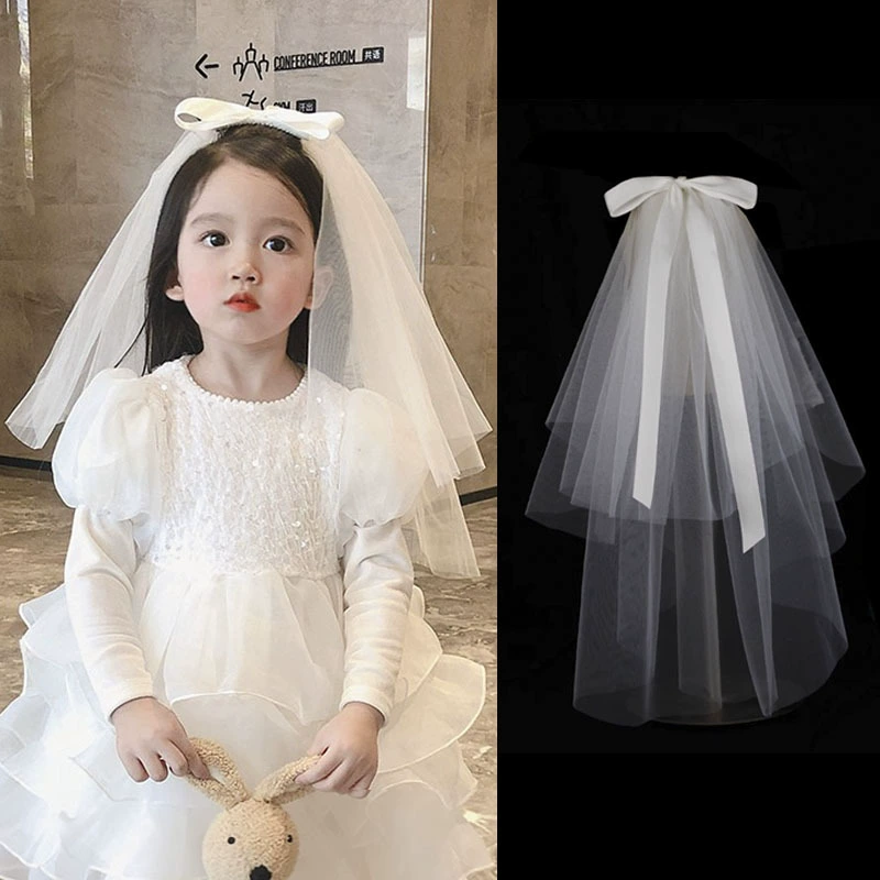 Детская Фата в стиле принцессы, аксессуары для волос из лент в Корейском стиле, двухслойный пухлый головной убор с изображением супер Феи для девочек, белый