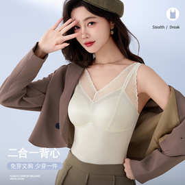 跨境性感V领简约拼接镂空网纱软支撑无痕肩带长款修身女士美背背