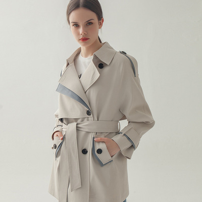 【預售】設計師女裝 2021春季新款斜紋撞色拼接中長款風衣外套女