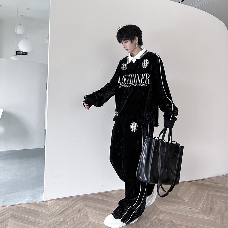 American Retro Sports Casual Lapel Sweatshirt Suit Men's Velvet Embroider Design Niche High-End Two-Piece Set American Retro Sports Casual Lapel Sweatshirt Suit Men's Velvet Embroider Design Niche High-End Two-Piece Set
