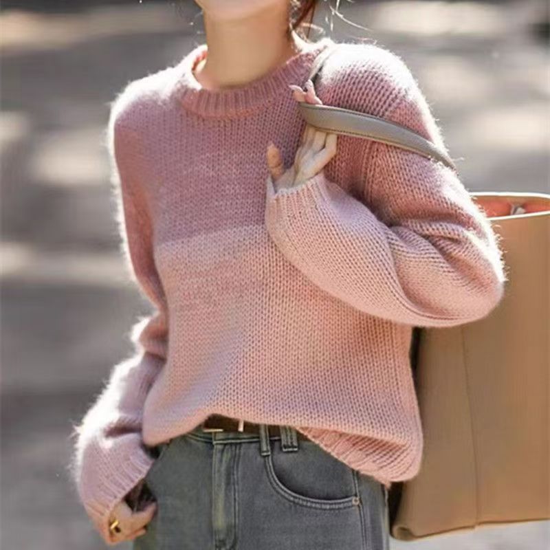 【 Cashmere Family 】 Round neck short wool base sweater women's color blocked loose plus thick knit inner layer_voghion.com