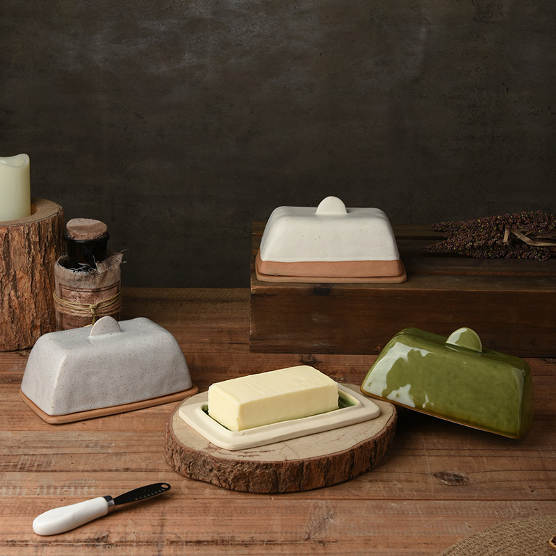 Caja de mantequilla de cocina europea, caja de mantequilla de cerámica con cubierta, textura retro creativa.