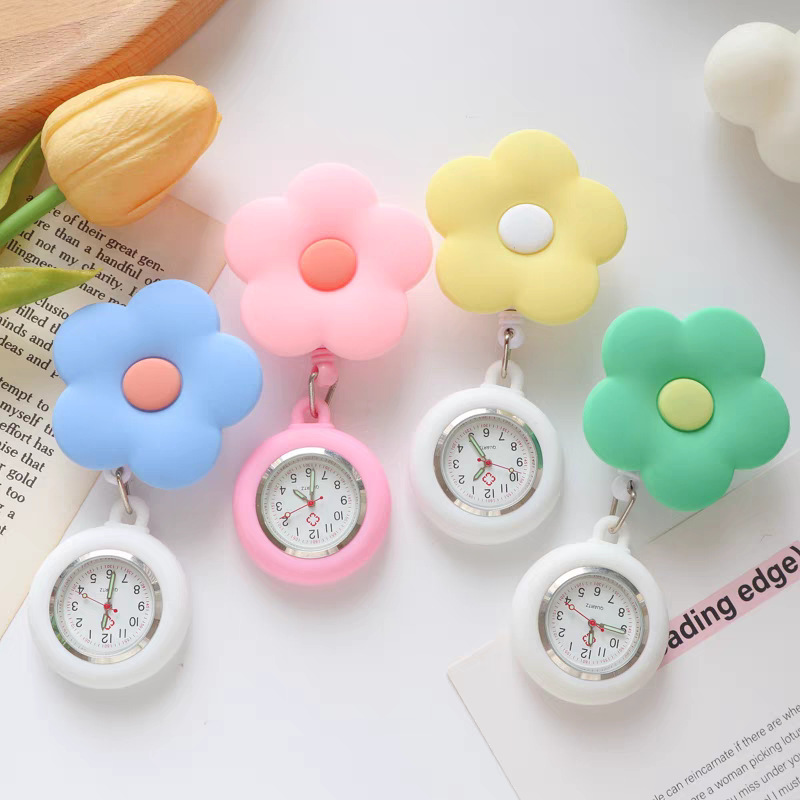 Colorful Flower Nurse Watch Easy-Pull Buckle Pocket Watch Retractable Cute Creative Student Exam Watch Manufacturer Ready Stock