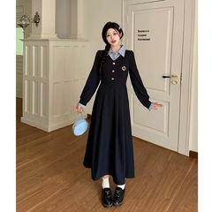 大码女装秋季新款胖mm韩系拼接假两件连衣裙洋气收腰学院风长裙子