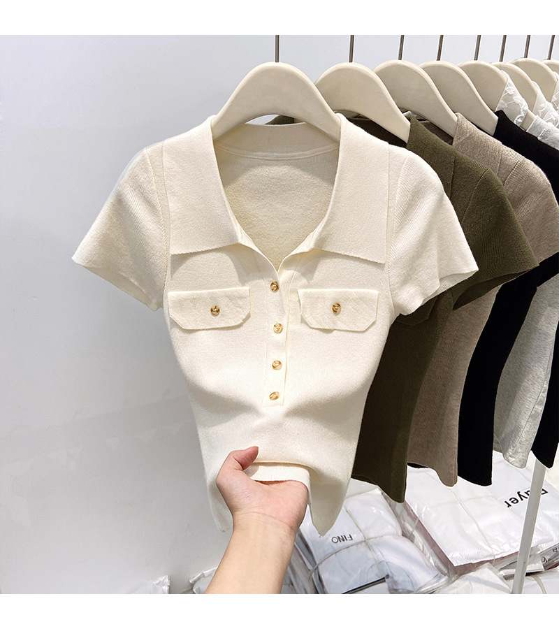 Women's Slim Fit Collared Knit Sweater Short Top Petite Fashionable Summer 2026 New Style Knitted Sweaters_ecoleips.com
