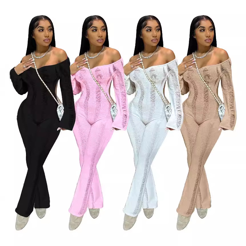 L5559 European and American women's Amazon sexy hollow thin long sleeve trousers top back hollow jumpsuit