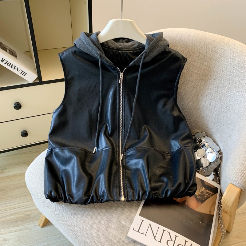 Real shot of the new autumn fashion versatile biker PU protein soft hooded leather vest jacket