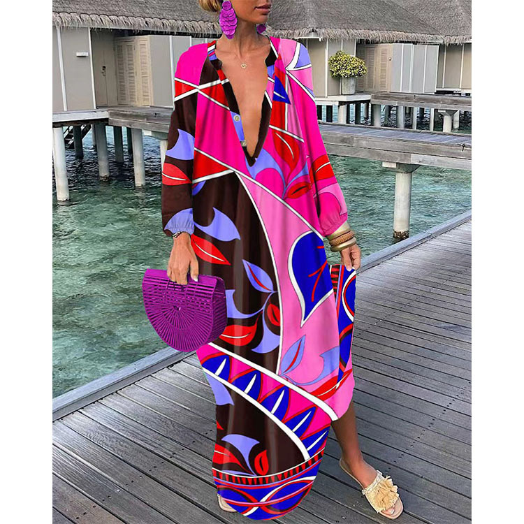 Women's Shirt Dress Vintage Style V Neck Button Long Sleeve Printing Maxi Long Dress Daily display picture 1