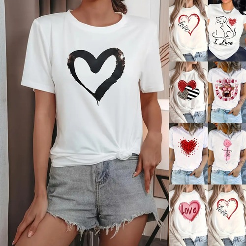 Cross-border TEMU free shipping women's short-sleeve Amazon AliExpress Shopee Western Valentine's Day heart round neck top
