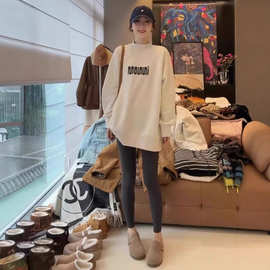 广州十三行高货！字母印花加绒加厚长袖卫衣女冬半高领中长款上衣