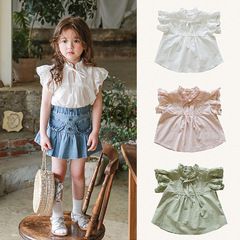 Girls' shirt summer 2024 new Korean style children's girls' stylish small stand-up collar strawberry Shan lovely ruffled sleeve T-shirt 