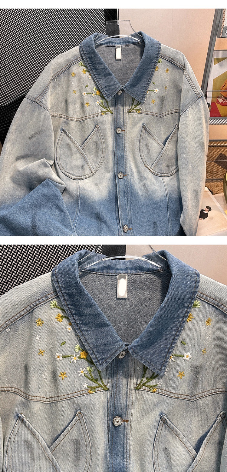 Unisex Gradient Denim Jacket With Floral Embroidery Retro Style_voghion.com