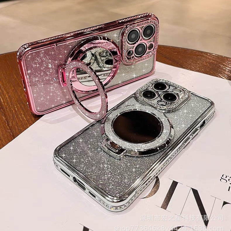 Glitter Makeup Mirror Magnetic Holder Suitable for Iphone17Promax Mobile Phone Case Luxury Rhinestone Apple 15 Diamond-Encrusted