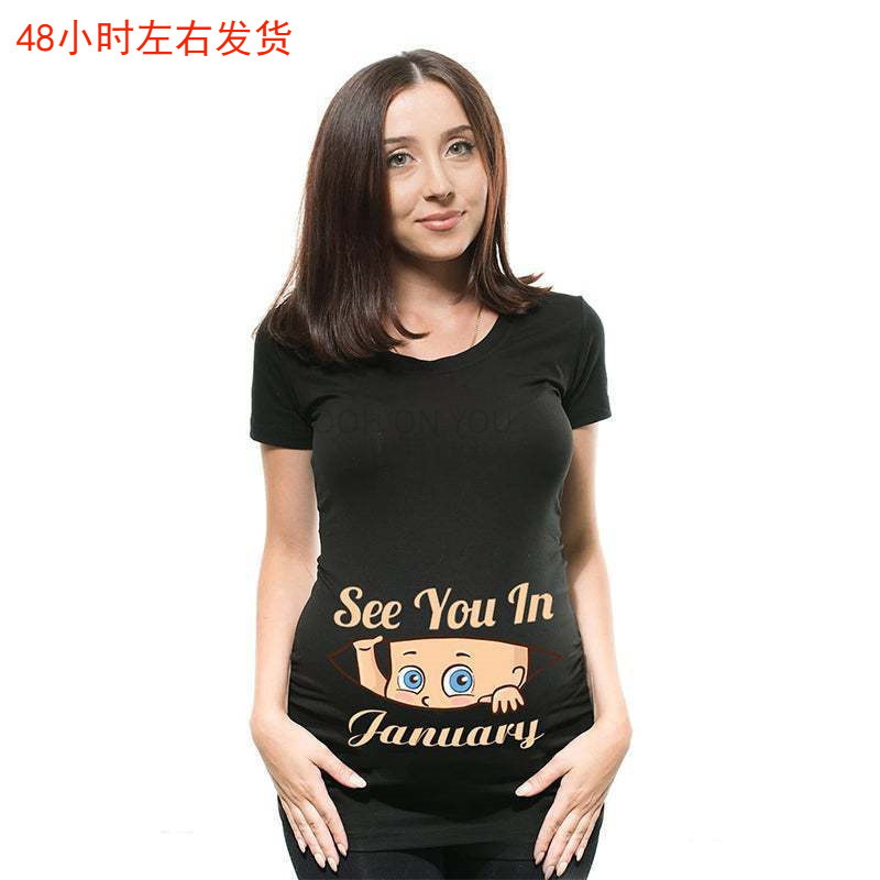 2022 New Maternity Wear 1-12 Months Cartoon Kidsren Fun Printed Black Short-Sleeved T-Shirt Women's Tops 2022 New Maternity Wear 1-12 Months Cartoon Kidsren Fun Printed Black Short-Sleeved T-Shirt Women's Tops