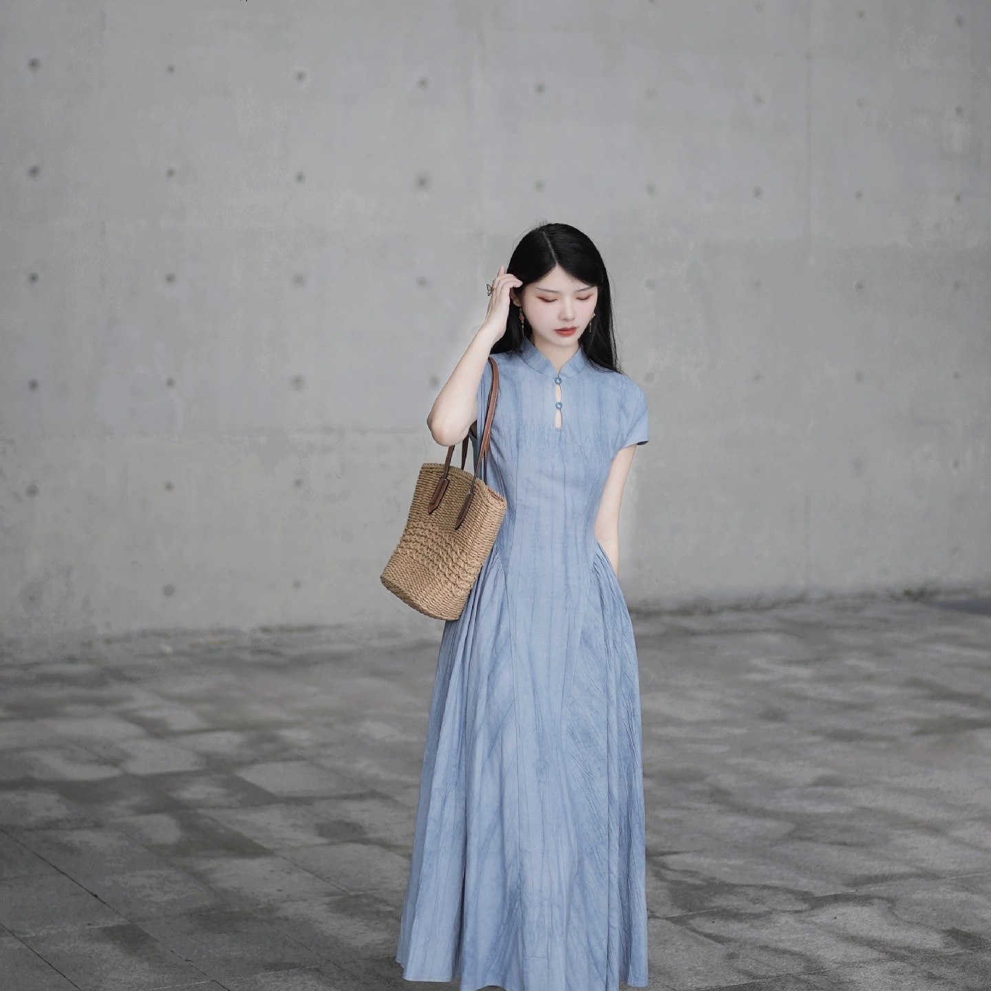 Wutong and the Moon｜Nanhu Xiangwan｜Новый китайский стиль тай-дай hollow waist cheongsam платье дымно-фиолетовый