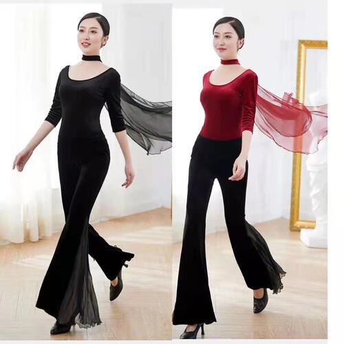Autumn/Winter Velvety Silk Body Suit Set for Women, Etiquette Training, Fashion Show Posture, Elegant Practice Dress, Dance Scarf