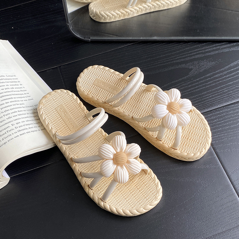 New Fashionable Flower Women's Shoes Summer Straw Slippers Ethnic Style Roman Shoes Beach Slippers Two-Wear Shoes Sandals