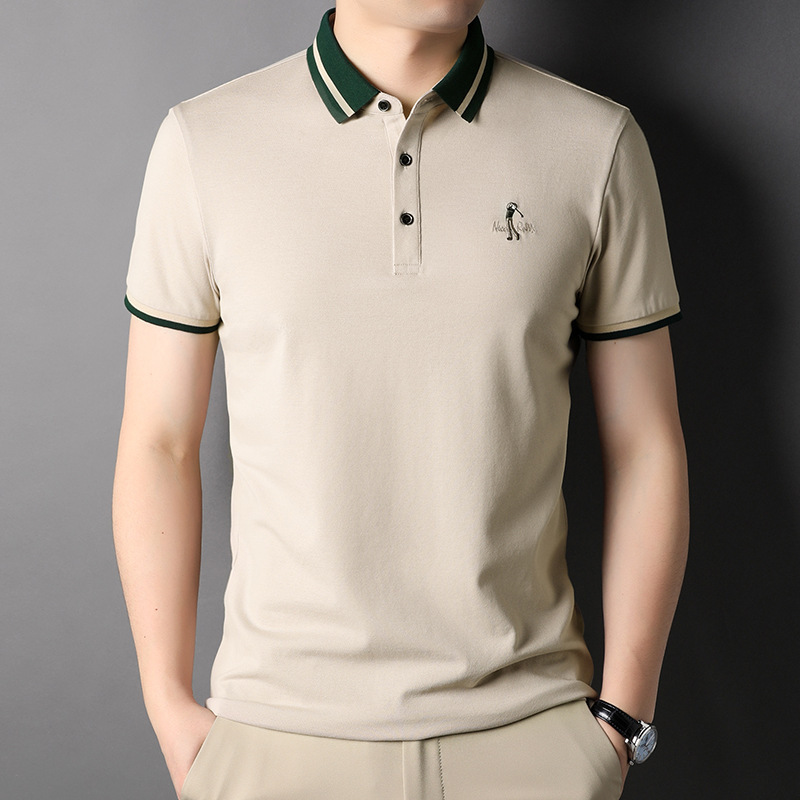 Summer New Middle-Aged Men's Casual Tops Stripesd Lapel Short-Sleeved T-Shirt 95 Cotton Stretch Polo Shirt Bottoming