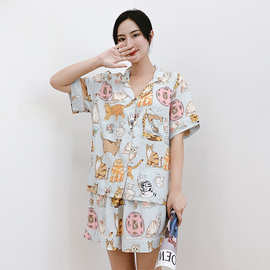夏季薄款家居服女 2022时尚卡通猫咪印花睡衣性感V领短袖短裤套装
