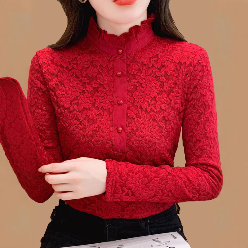 fleece-lined Thickened Half-high Collar Lace Base Shirt Women's Autumn and Winter Western Style Interior Plus Size Mother Warm Red Top