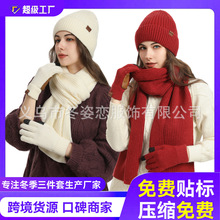 跨境 针织帽 冬季女款毛线帽子围巾手套加皮防滑套装女/男