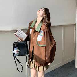 实拍美式复古撞色翻领外套女2026春季文艺宽松bf痞帅夹克
