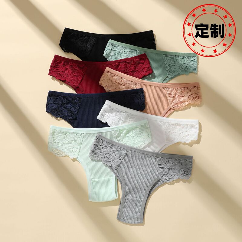 New Pure Cotton Threaded Lace Women's Briefs Mid-Low Waist Tummy Control Breathable Double Layer Brazilian Pants Processing and Customization
