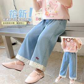 女童花边猫咪牛仔裤夏季2026新款洋气宝宝休闲薄款穿搭夏装直筒裤