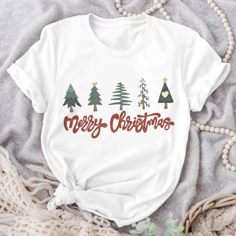 プラスサイズの女性のクリスマス Tシャツ女性の白いクリスマスツリーサンタクロースカジュアルクリスマスプリント半袖新年|undefined