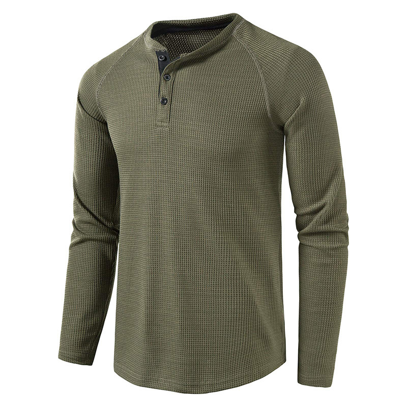 Mode Herren Langarm Henley T-Shirt Sport Casual Pullover Lose Tops Bluse Knopf Einfarbig Männer T-Shirts Unterhemden_voghion.com