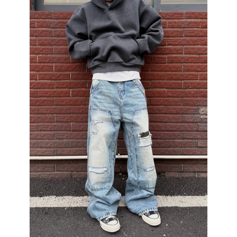 American-Style Vintage Distressed Ripped Double-Knee Lumberjack Straight-Leg Jeans for Men and Women, Streetwear Retro Pants Trendy
