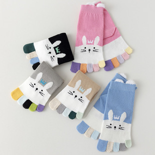 Children's Five-Finger Socks Women's Solid Color Combed Cotton Autumn and Winter Cartoon Rabbit Sweat-Absorbing Warm Toe Socks