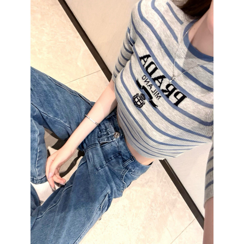 南油高版本Prad家新款复古条纹中袖针织设计感修身显瘦上衣女潮牌|undefined