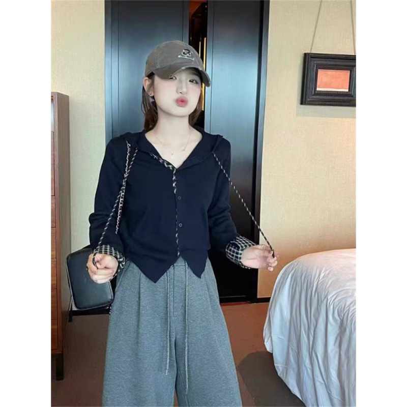 韩系灰色格纹拼接连帽长袖针织开衫女早秋独特别致超好看显瘦帽衫|undefined