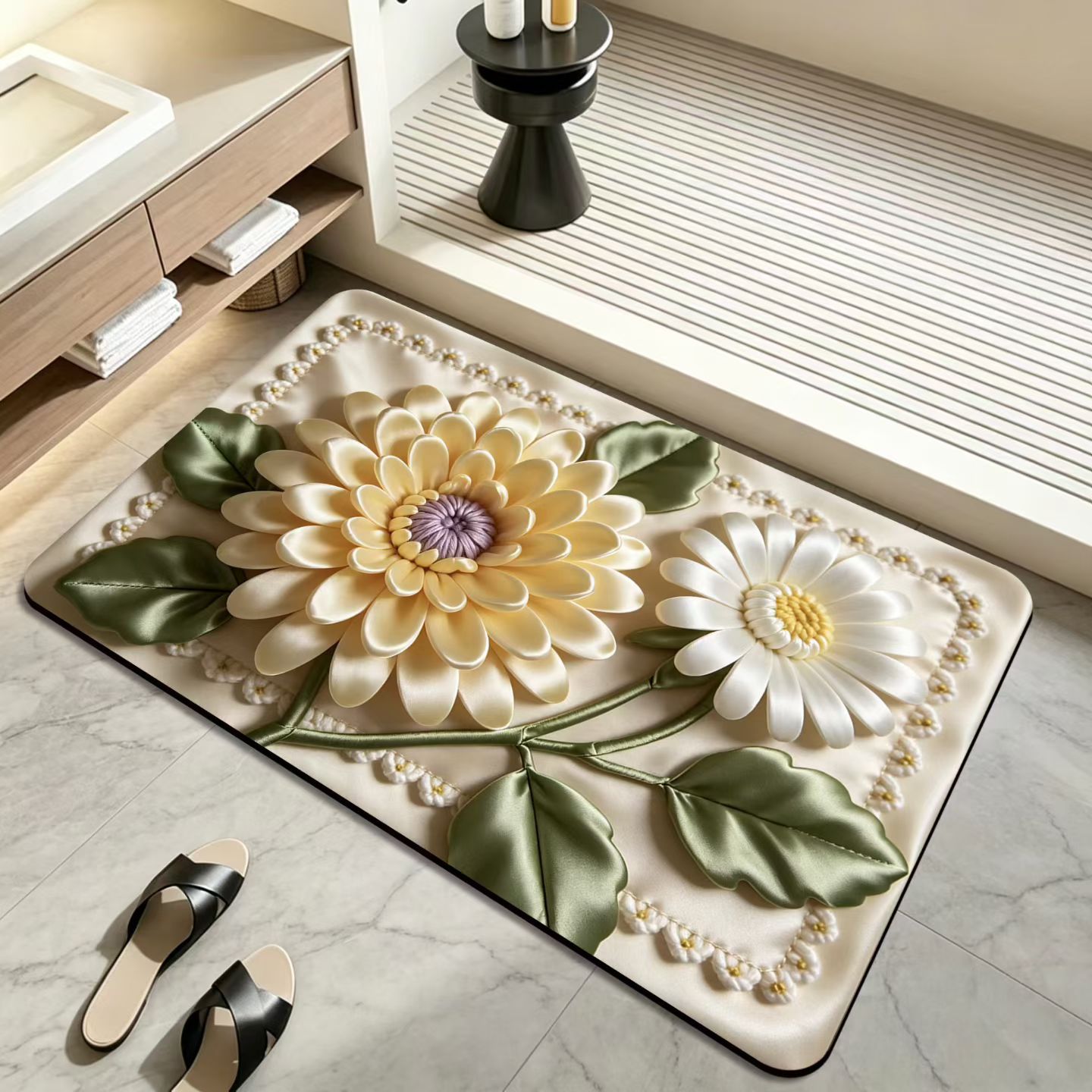 3D estereoscópico flor alfombra de baño absorción de agua antideslizante cojín de barro de diatomeas puerta de baño secado rápido cojín de pies resistente al desgaste