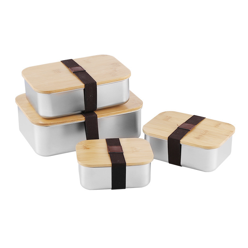 304 de acero inoxidable caja de almacenamiento japonesa con cubierta de bambú cubierta de madera sellada rectangular caja de almuerzo descongelación almacenamiento refrigerador