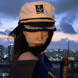 英伦风平顶船长海军帽子女春夏船锚字母刺绣少女水手帽拍照八角帽