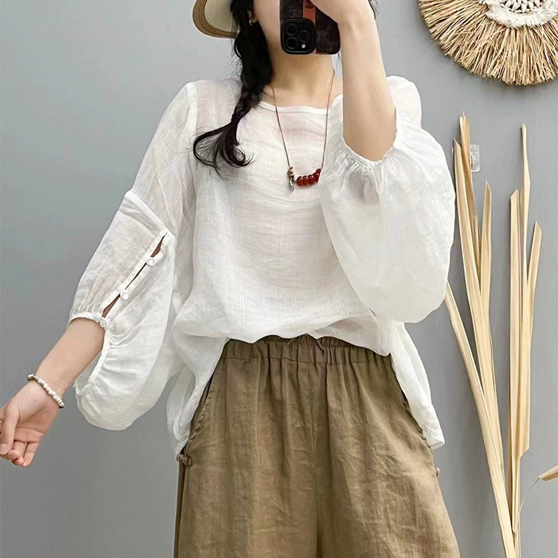 Ретро Рами сплошная рубашка с круглым вырезом