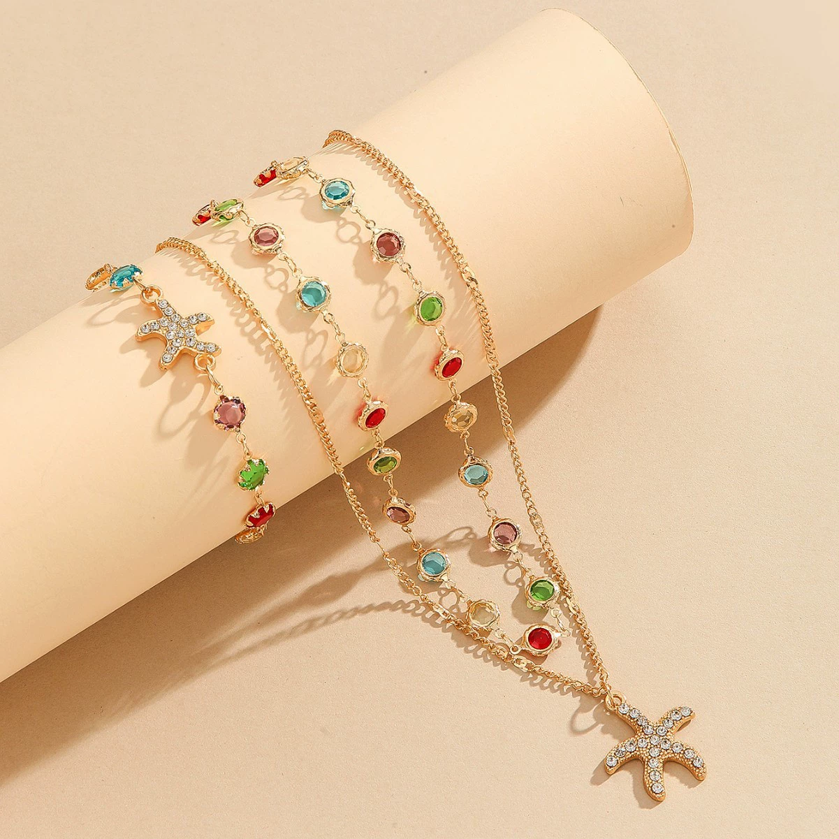 Европейские и американские трансграничные ювелирные изделия, красочное ожерелье с подвеской в ​​виде морской звезды и кристаллами, высококачественное легкое роскошное ожерелье из сплава на ключице для женщин