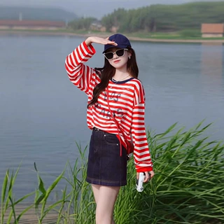 欧货时尚字母撞色条纹长袖T恤女夏新款洋气减龄显瘦透气防晒上衣