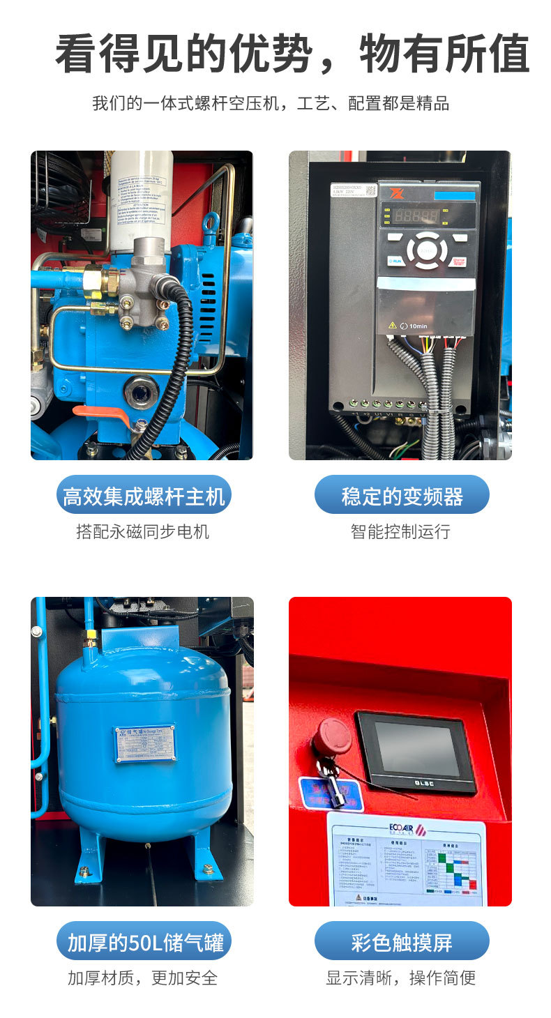 Direct sale from manufacturer: 3.7kw/5.5kw 220V two-phase voltage silent small screw air compressor 5p all-in-one machine